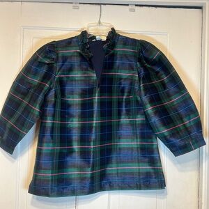 Crown & Ivy Blue and Green Plaid Ruffle Blazer